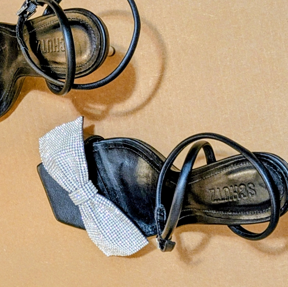 Schutz Black and Silver Heels with Glitter Bow Leather Sandals, Size 9B - Picture 11 of 12